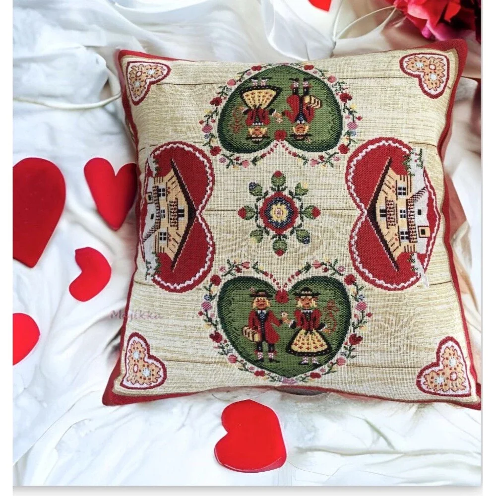 Hines Of Oxford Throw Pillow Tapestry Embroidered Nordic Hearts Made in UK 13x13